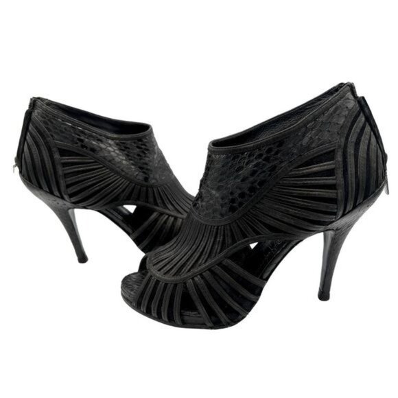 CHRISTIAN DIOR Black Leather Python Mules Peep Toe Booties Sandals EU 39 US 9 - Picture 1 of 16